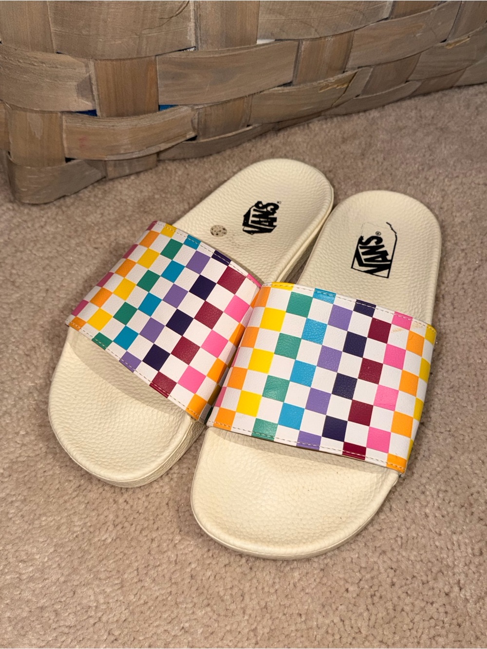 Vans White Slide Sandals with Multicolor Checkerboard Strap